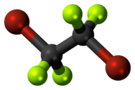 Ball-and-stick model of the dibromotetrafluoroethane molecule